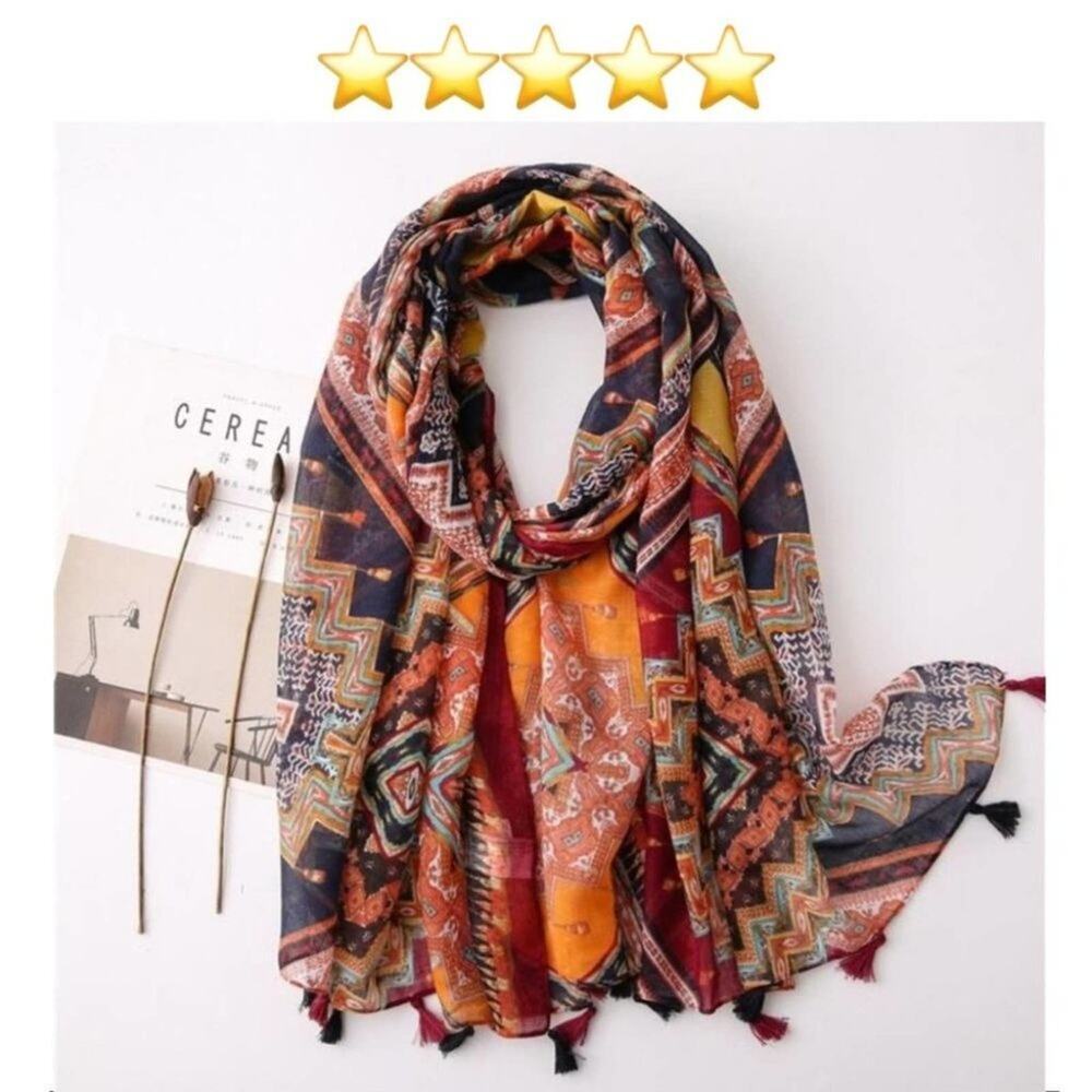 2/$30 NEW Boho Tassel Scarf Fall Red Orange Printed - Picture 3 of 11